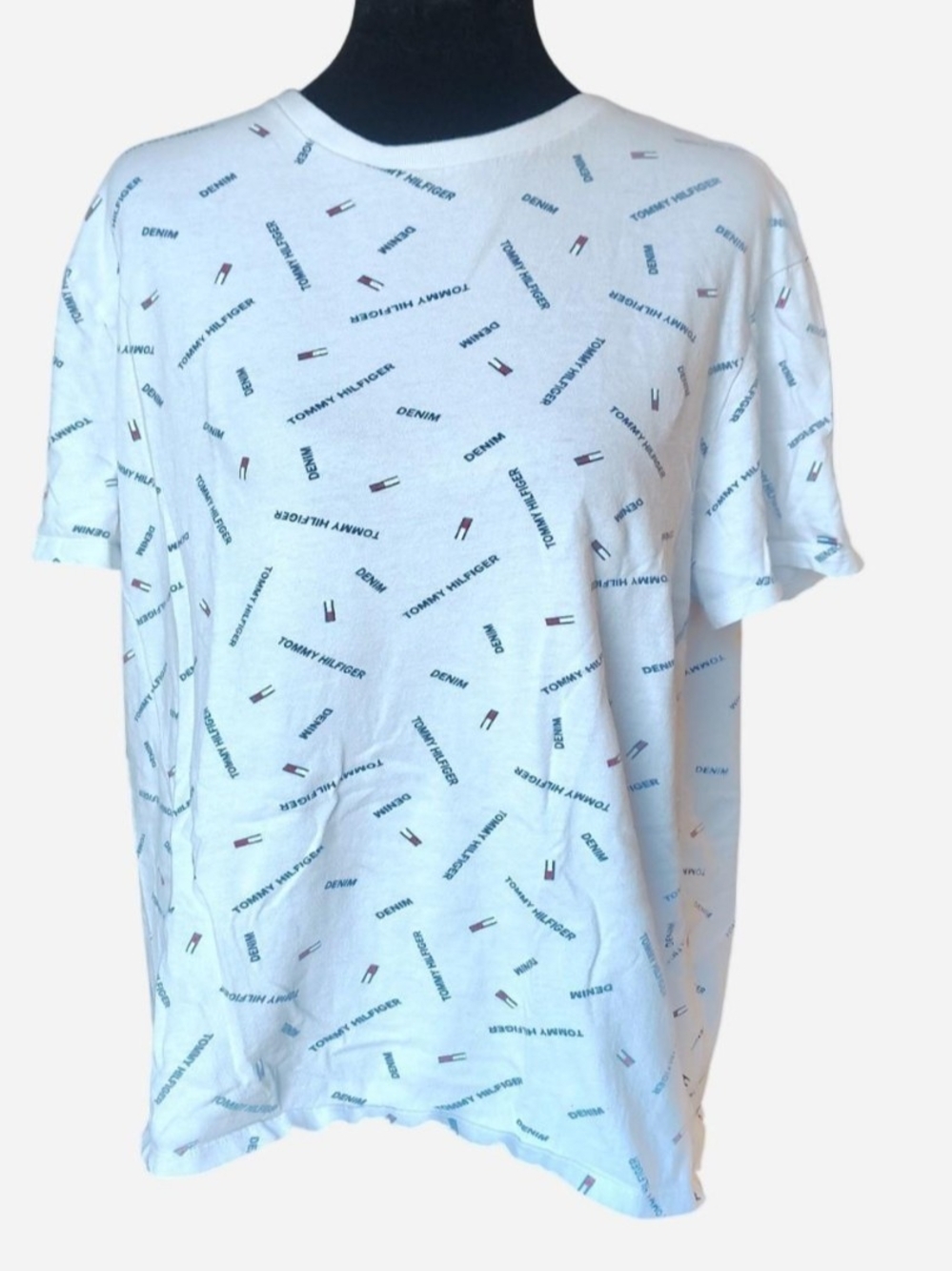 Tommy Hilfiger Denim White All-Over Logo Tee with Red & Blue Accents